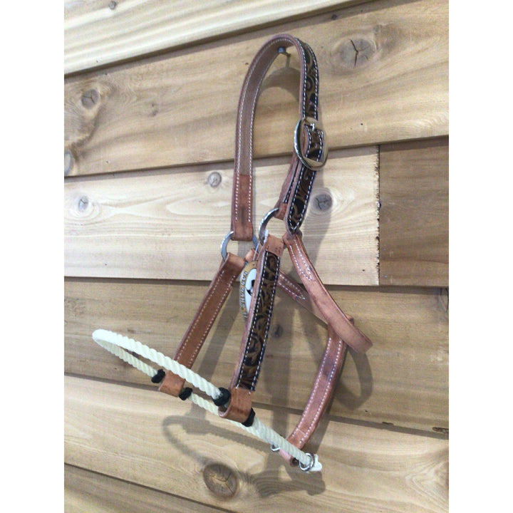 San Saba 1" Harness Leather Halter w/ Rope Nose -Floral &amp; Buckstitch