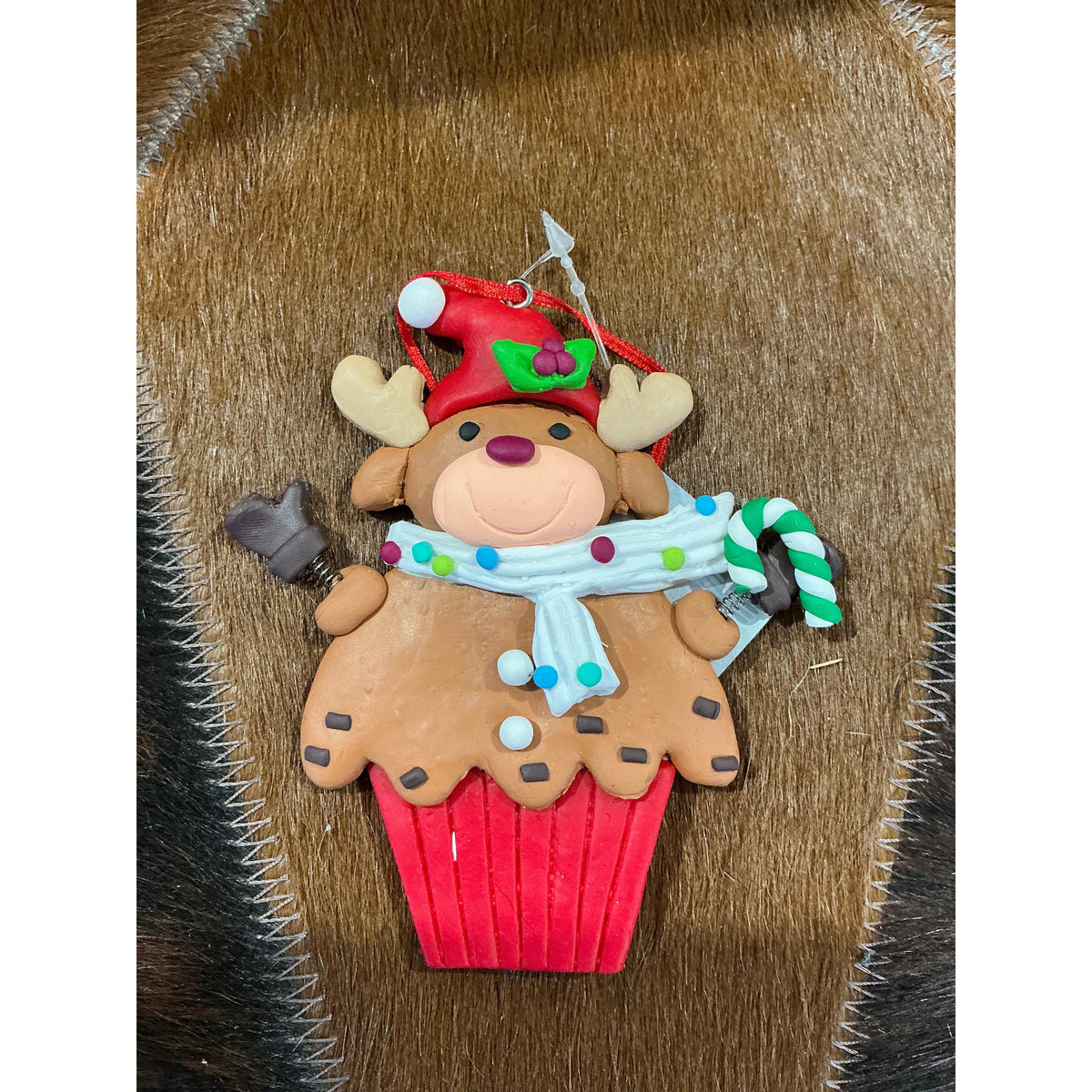 Christmas Clay Ornament Reindeer 4.1" Holding Candy Cane