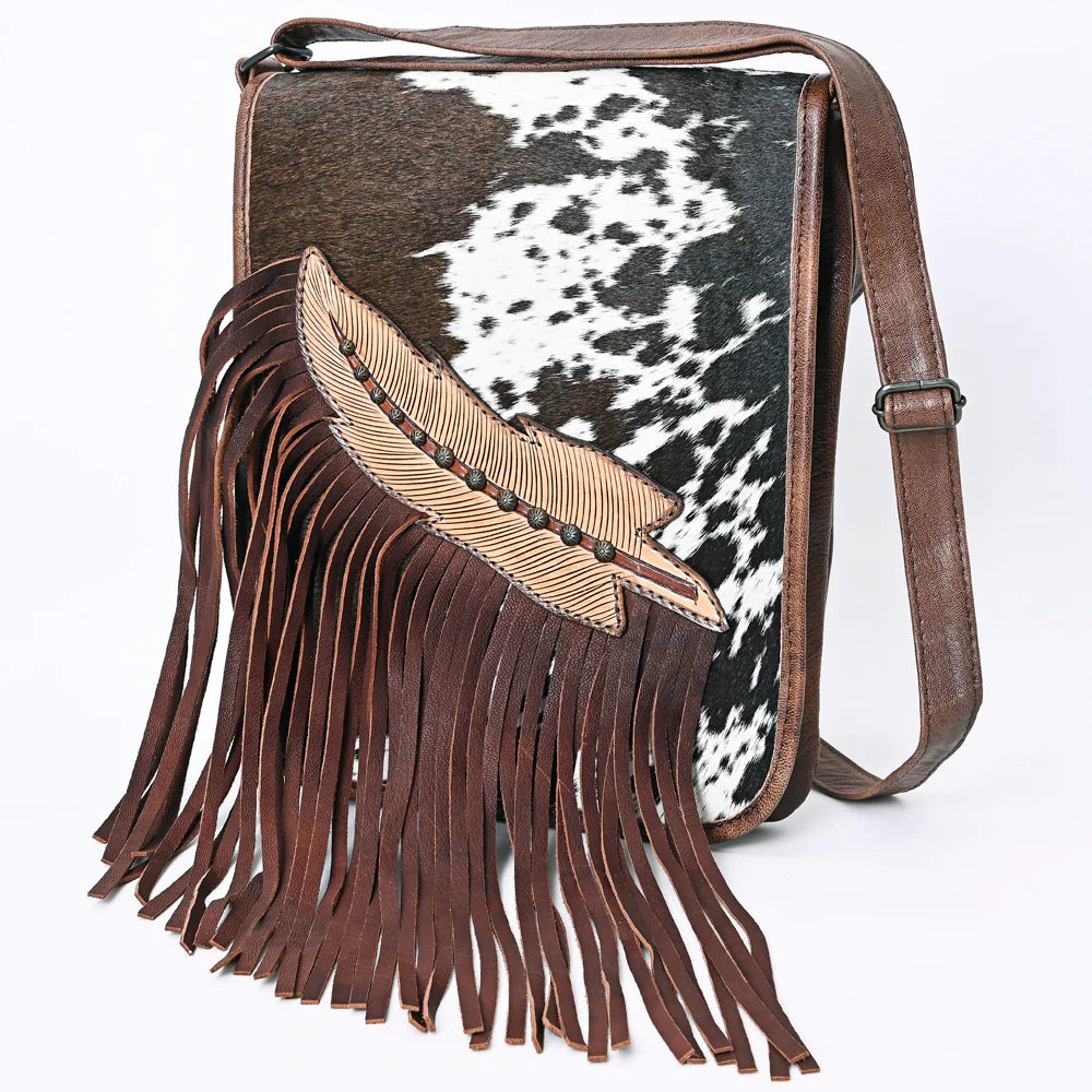American Darling Feather Tooled Fringe Cowhide Leather Western Chaps Style Crossbody Bag