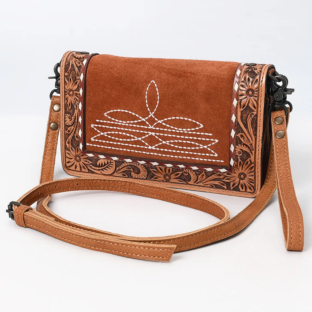 American Darling Western Tooled Details Suede Leather Organiser Bag