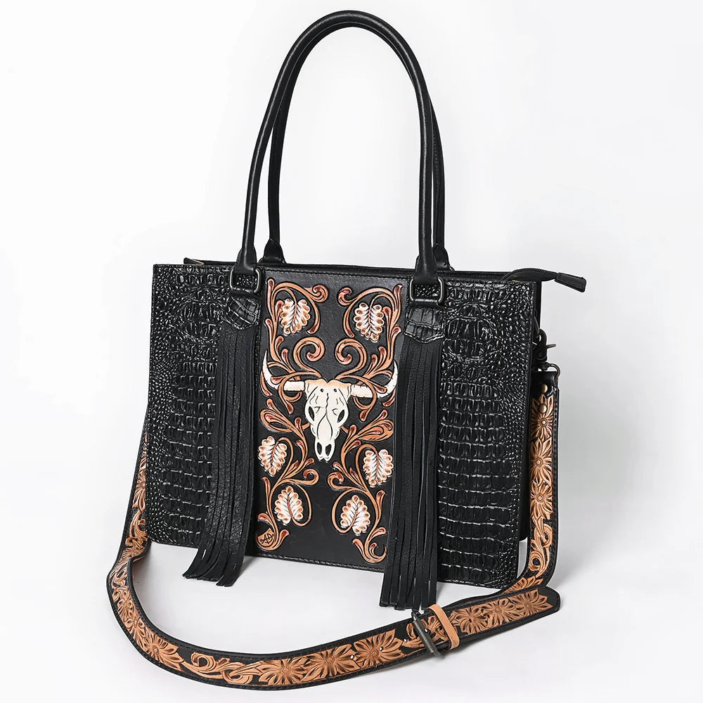 American Darling Western Hand Tooled Floral & Crocodile Embossed Leather Tote Bag