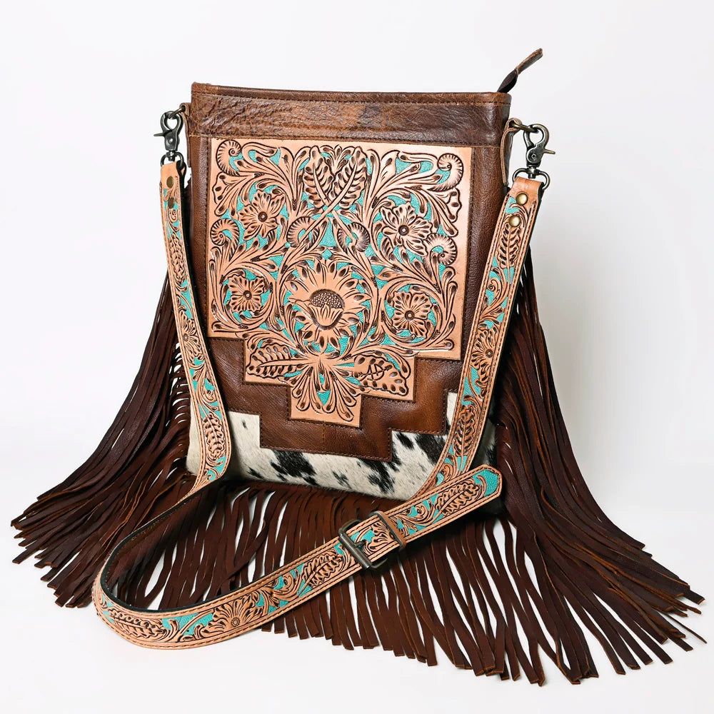 American Darling Western Hand Tooled Floral Leather & Hair-On Cowhide Messenger Bag