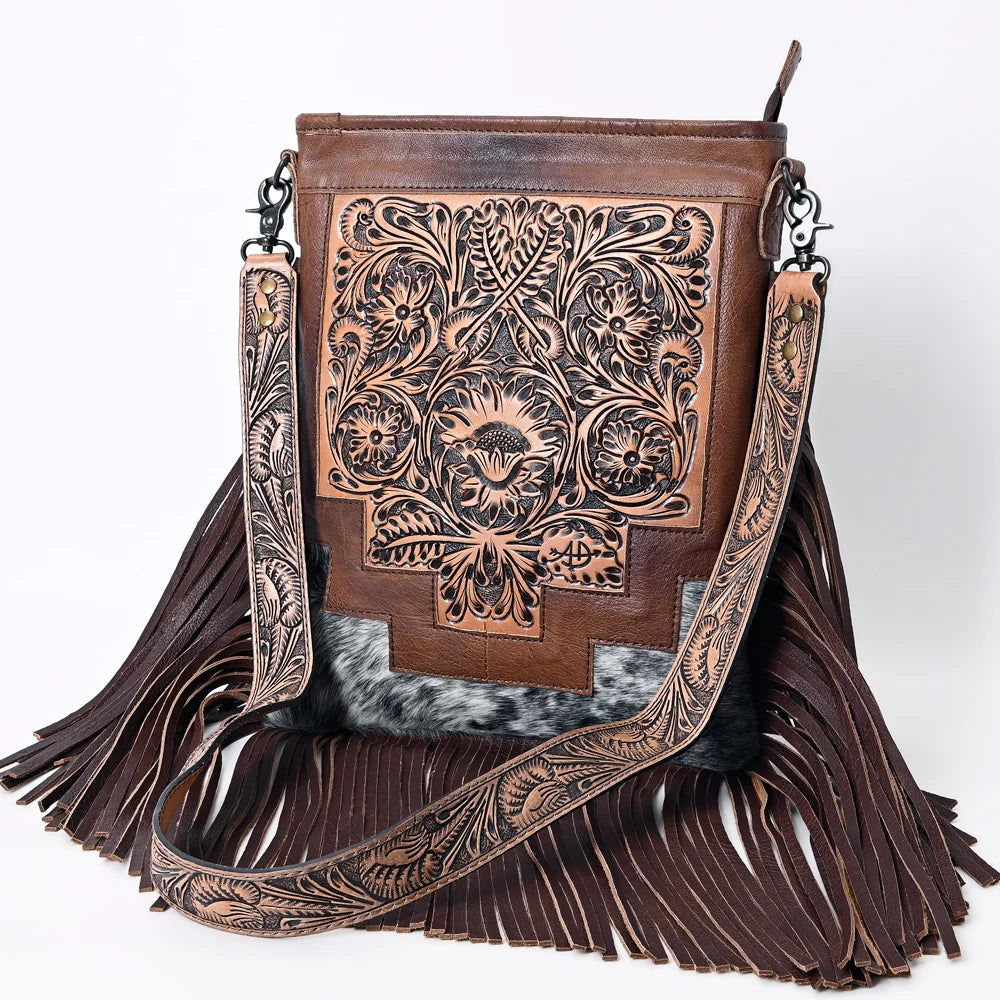 American Darling Hand Tooled Floral Leather & Hair On Cowhide Purse