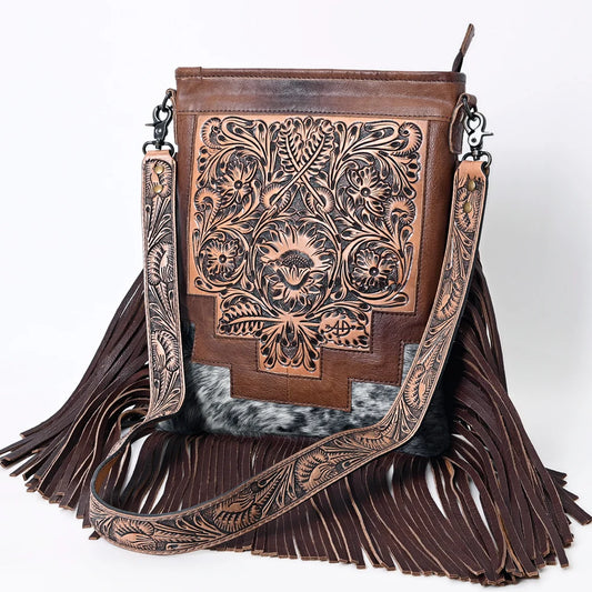 American Darling Hand Tooled Floral Leather & Hair On Cowhide Purse
