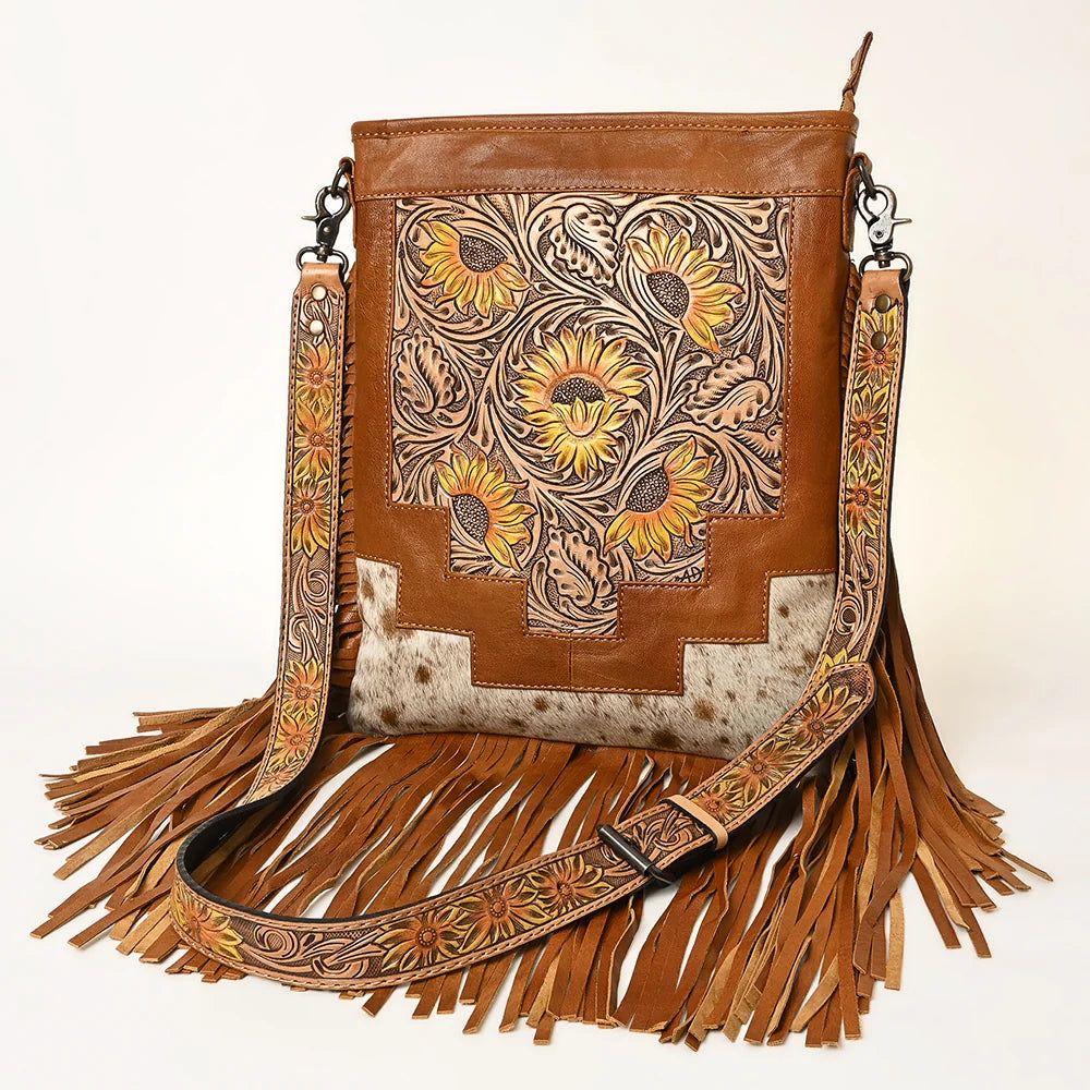 American Darling Western Hand Tooled Floral Leather & Hair-On Cowhide Purse