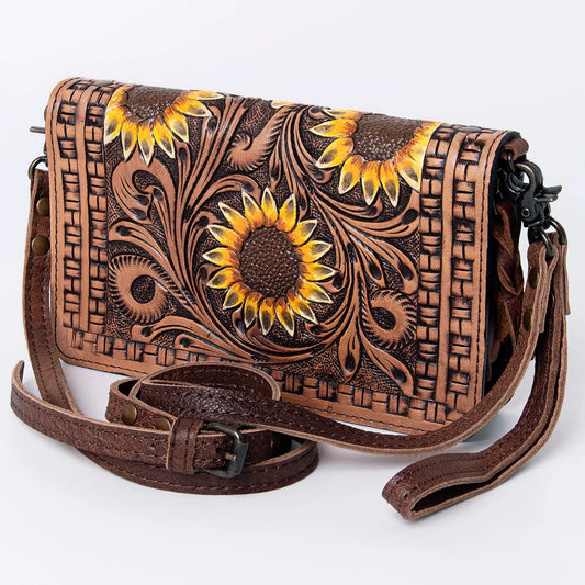 American Darling Western Hand Tooled Leather Floral Crossbody Organiser Bag