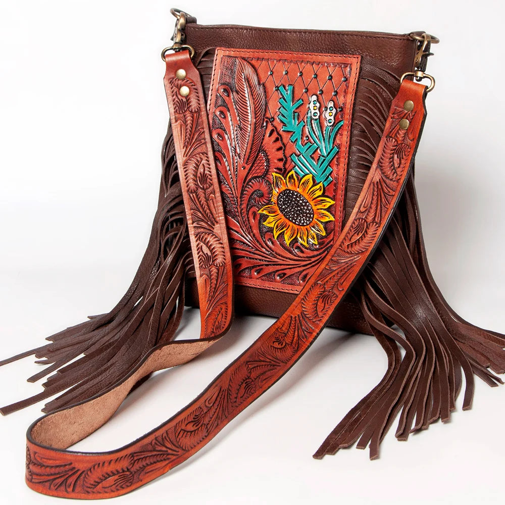 American Darling Sunflower Feather Tooled Leather Fringe Crossbody Bag