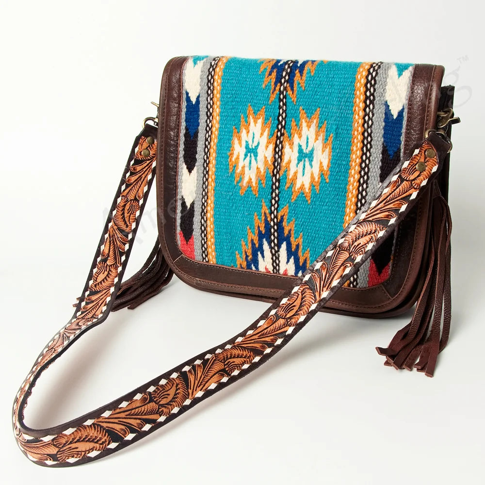 American Darling Hand Tooled Saddle Blanket Fringed Leather Cross Body Bag "A"