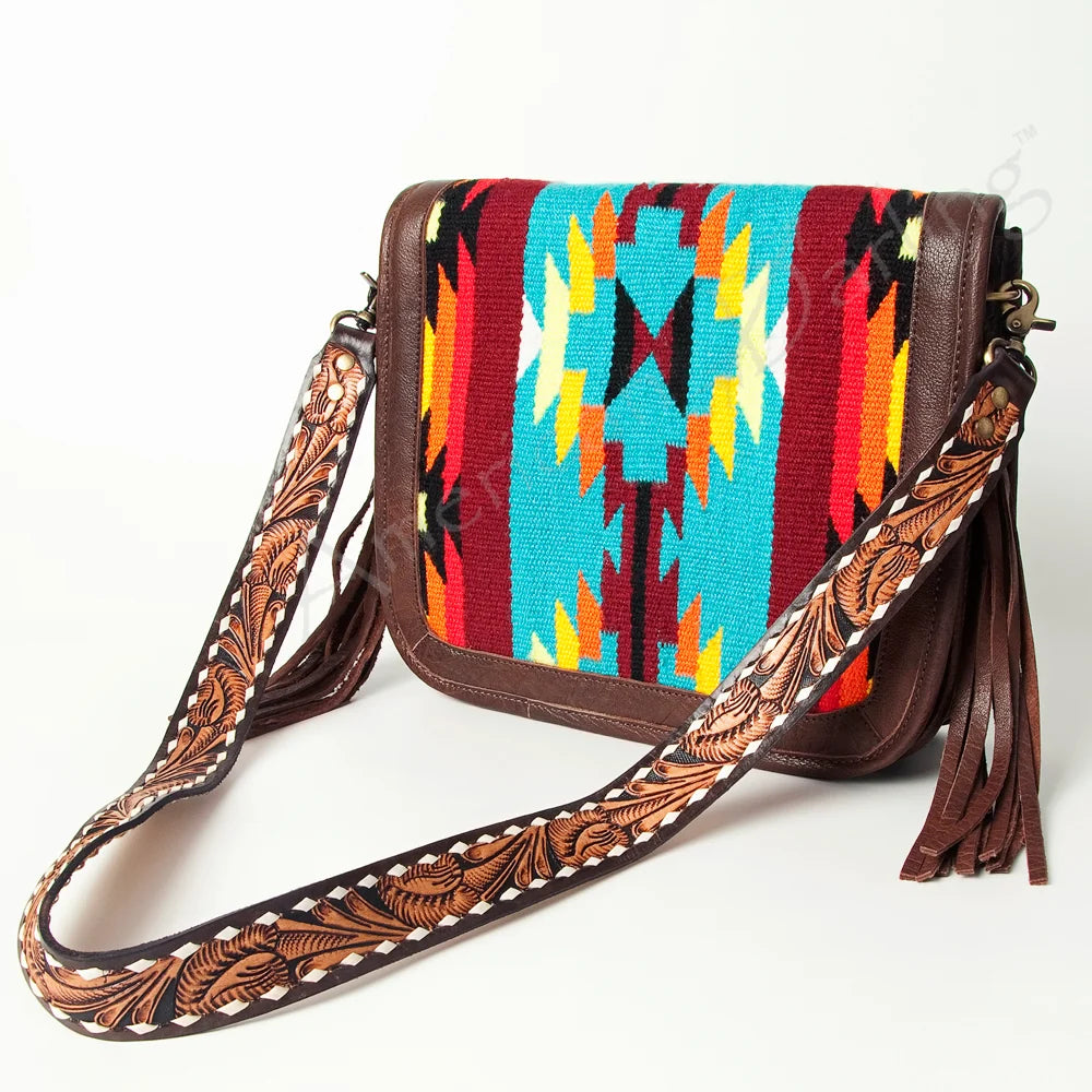 American Darling Hand Tooled Saddle Blanket Fringed Leather Cross Body Bag "E"