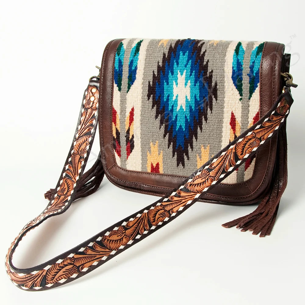 American Darling Hand Tooled Saddle Blanket Fringed Leather Cross Body Bag "F"