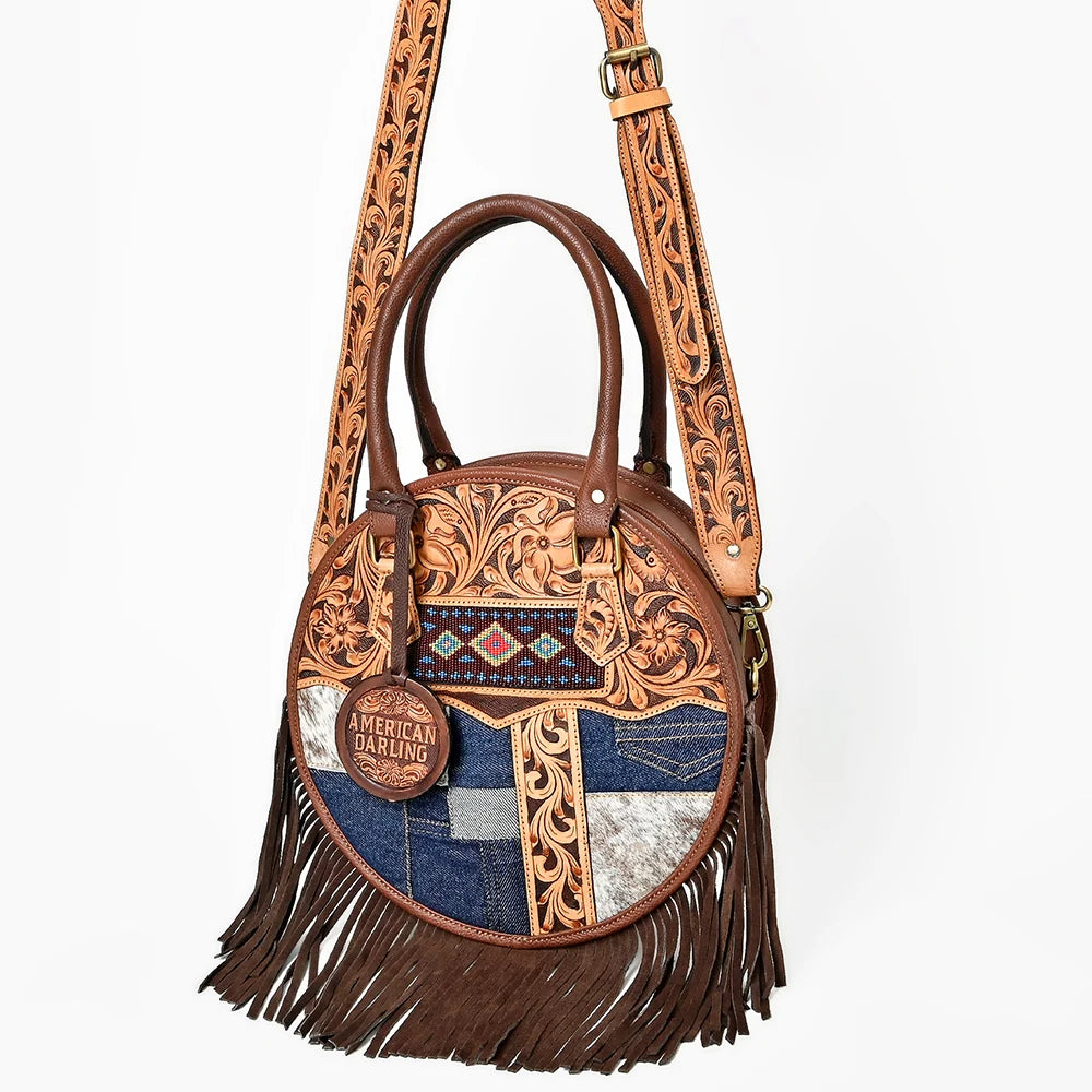 American Darling Western Hand Tooled Floral Canteen Bag w/Denim Patchwork & Fringes