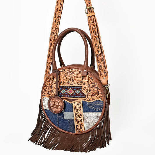 American Darling Western Hand Tooled Floral Canteen Bag w/Denim Patchwork & Fringes