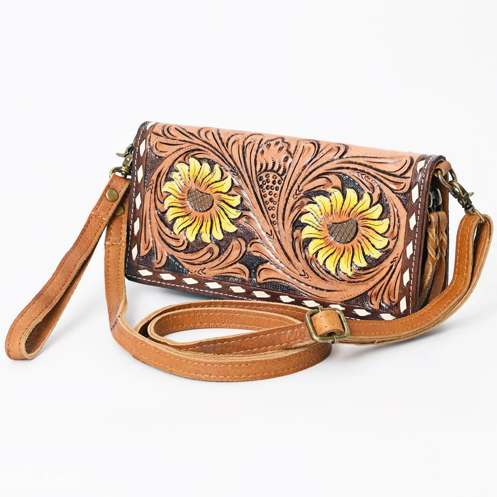American Darling Hand Tooled Western Leather Floral Design Crossbody Purse