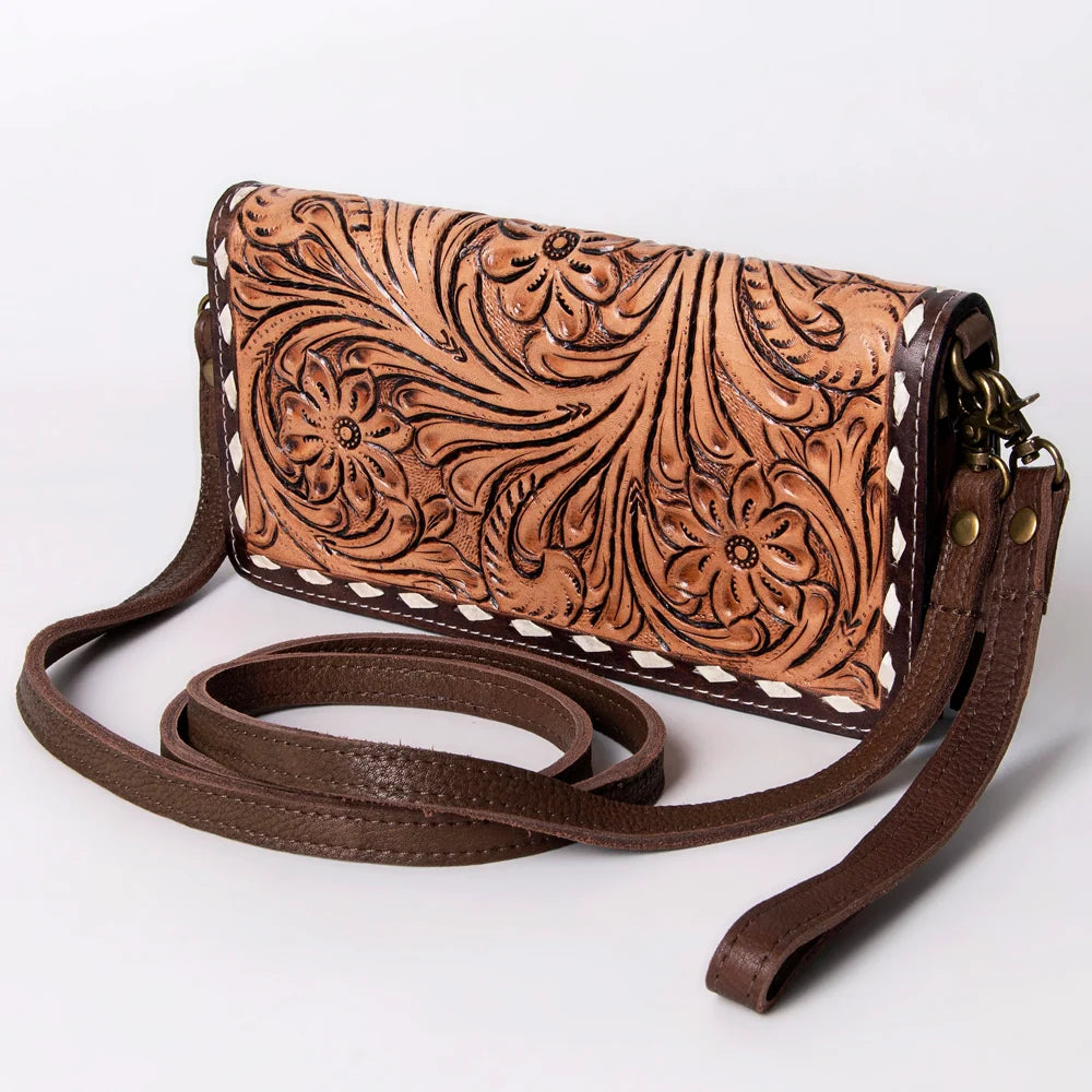 American Darling Hand Tooled Leather Purse w/Western Floral Scroll