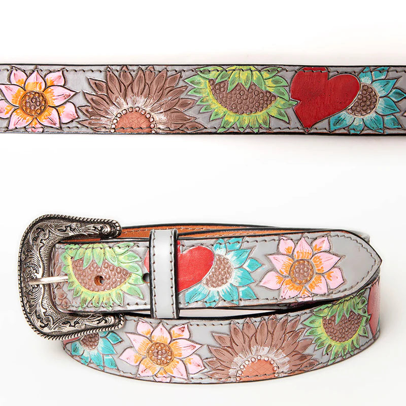American Darling Unisex Multicolor Sunflowers & Red Heart Leather Western Belt - Light Grey