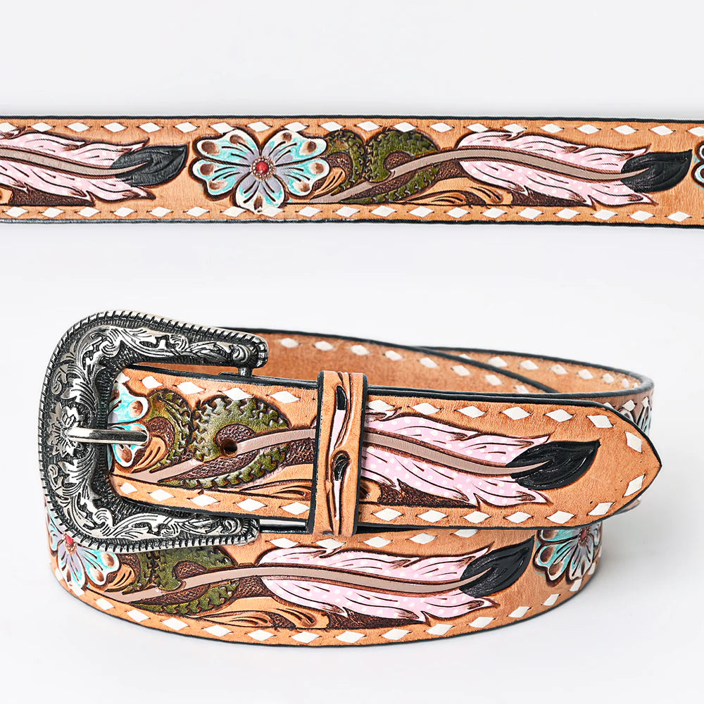 American Darling Tooled Leather Belt - Flamingo Feather