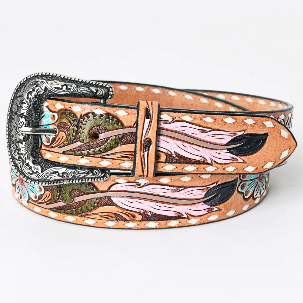 American Darling Tooled Leather Belt - Flamingo Feather