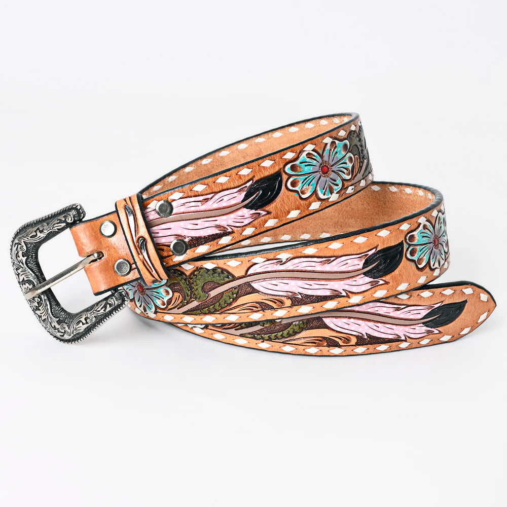 American Darling Tooled Leather Belt - Flamingo Feather