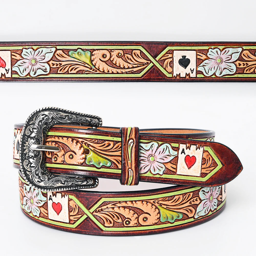 American Darling Tooled Leather Belt - Aces w/Green Border