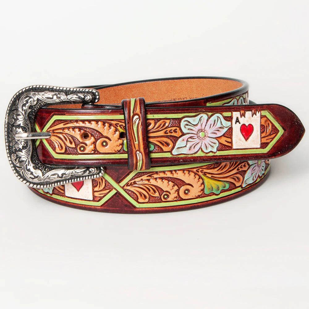 American Darling Tooled Leather Belt - Aces w/Green Border