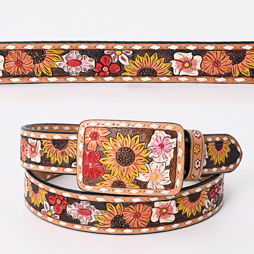 American Darling Tooled Leather Belt - Pink & Orange Flowers