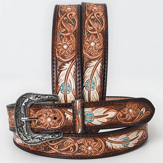American Darling Unisex Floral Design w/ Feathers & Accents Leather Western Belt - Tan/Cream