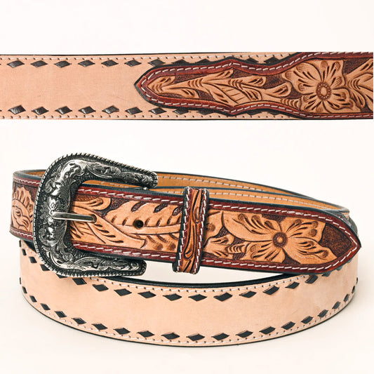 American Darling Tooled Leather Belt - Tan w/Black Buckstitch