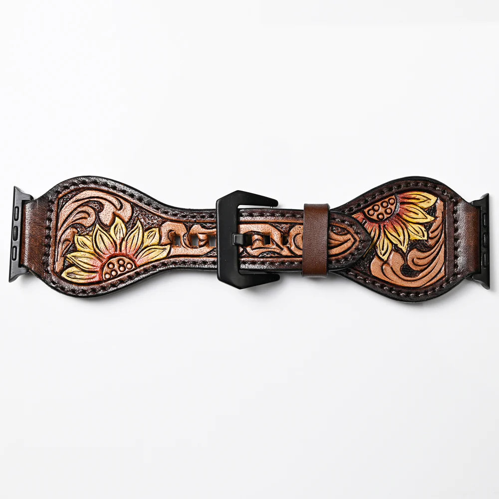 American Darling iWatch Strap - Rounded Chocolate Brown w/Sunflower Tooling