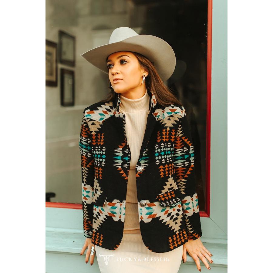 Lucky & Blessed Western Aztec Button Down Blazer- Black