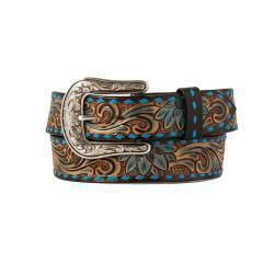Angel Ranch  Women's Hand Tooled Floral Pattern Diamond Lace Belt- Blue