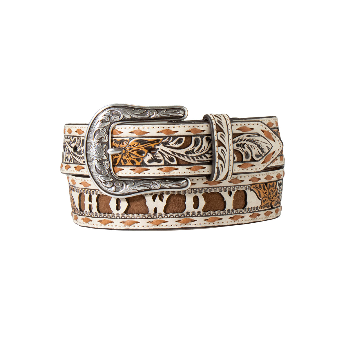 Angel Ranch Ladies Belt - Ivory Floral Filigree w/Brown Flowers