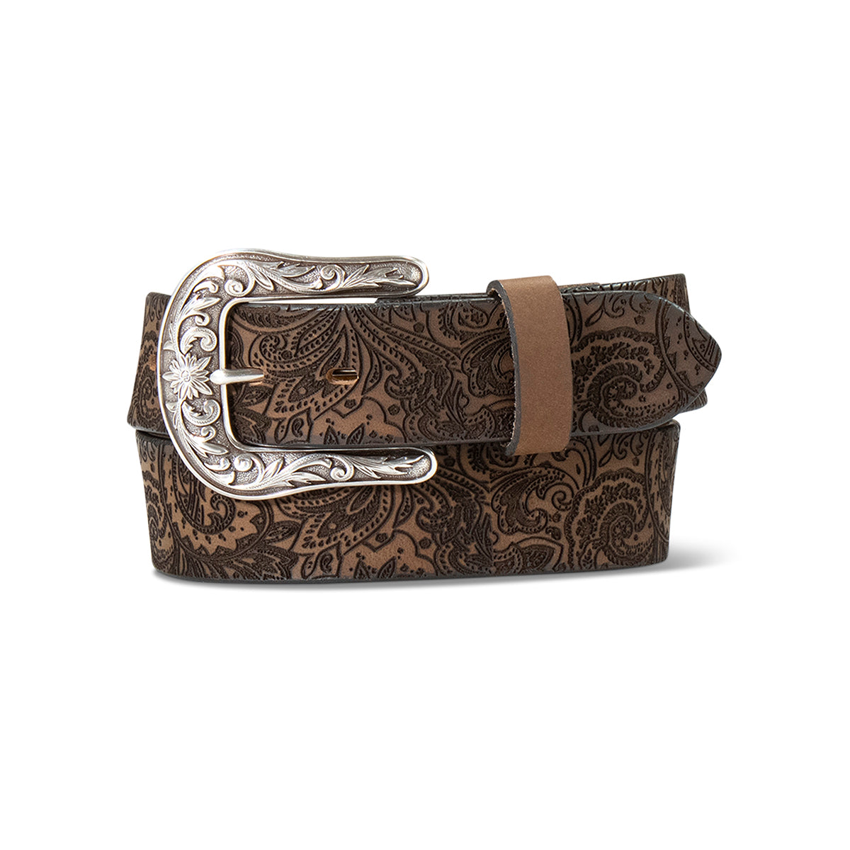 Ariat Women's Scroll Embossed Buckle Belt, Brown, Small at