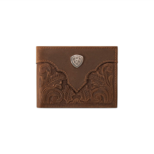 Ariat Men's Bifold with Removable Pass Case Wallet with Embossed Scroll- Medium Brown