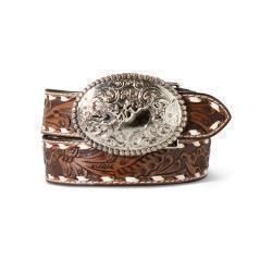Ariat Boy's Hand Tooled Floral Buck Lacing Belt- Brown