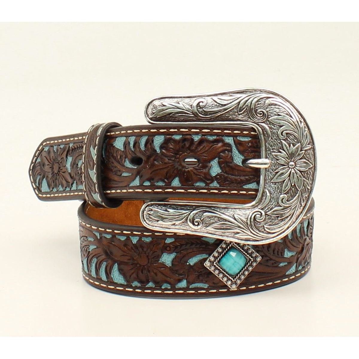 Ariat Girl's Floral Inlay Concho Fashion Belt - Dark Brown/Turquoise