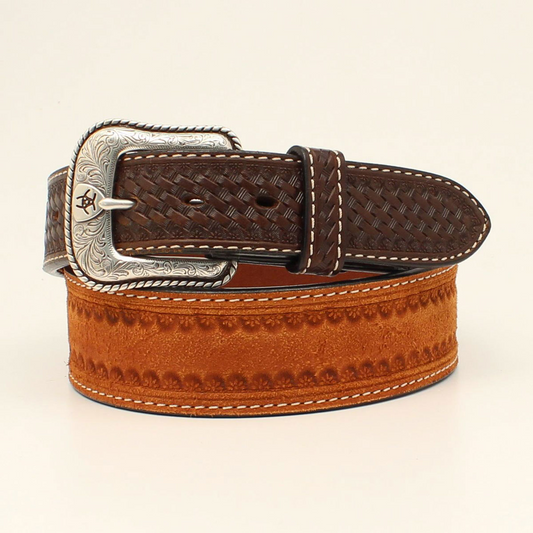 **Ariat Men's Tooled Basket Weave Tabs Western Belt - Tan
