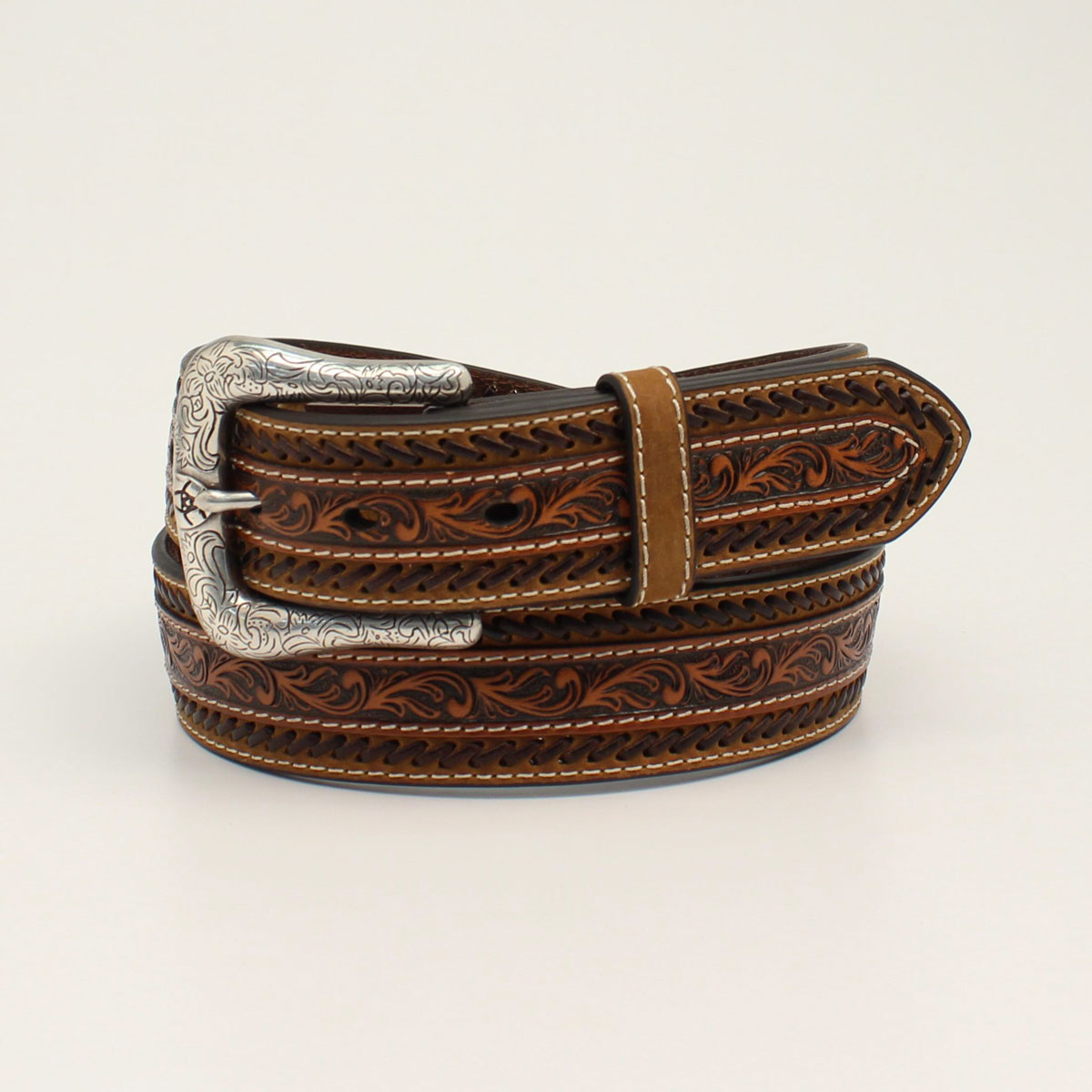 Ariat Men's Buck Stitching Floral Tooled Western Belt - Tan - Irvine Tack & Western Wear