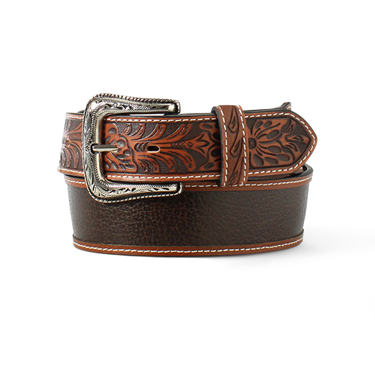 Ariat Men's Pebble Inlay Floral Tooled Belt - Brown