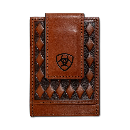 Ariat Men's Card Case  Diamond Embossed Money Clip- Brown
