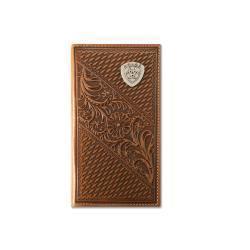 Ariat Men's Rodeo Style Basketweave Floral Shield Wallet-Tan