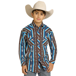 Rock & Roll Boy's Stripe Printed Long Sleeve Snap Shirt - Teal