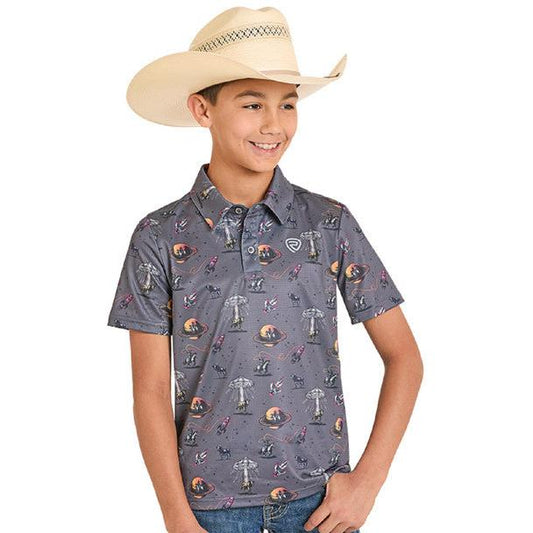 Rock & Roll Boy's Space Cowboy Printed Polo Short Sleeve Shirt - Charcoal