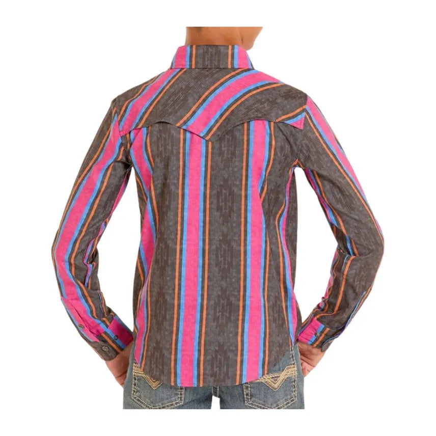 Rock & Roll Boy's Tek Ripstop Stripes Print Long Sleeve Snap Shirt - Black