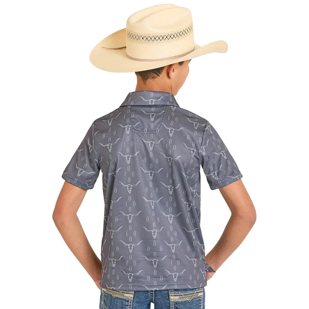 Rock & Roll Boy's  Longhorn/Steer Skull Printed Mesh Polo Short Sleeve Shirt - Charcoal