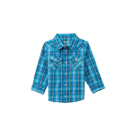 Wrangler Little Boys Long Sleeve Plaid Western Snap Shirt - Turquoise
