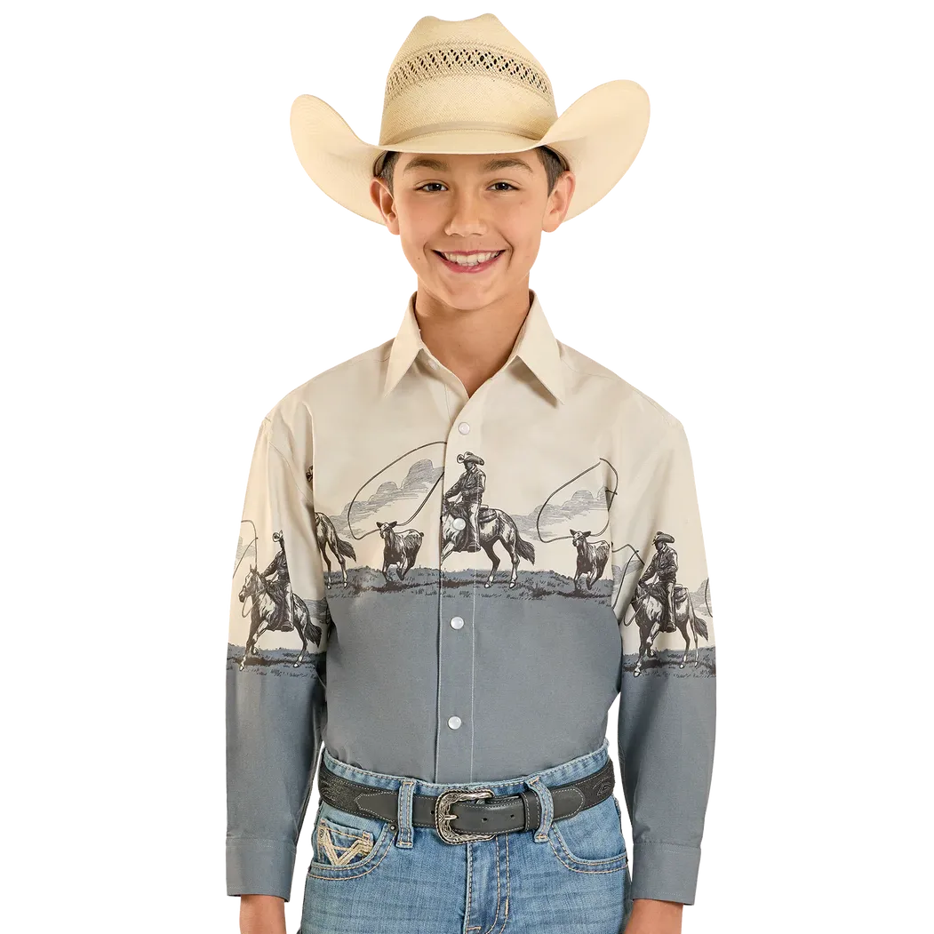 Panhandle Boy's Traditional Cowboy Print Long Sleeve Border Shirt - Tan