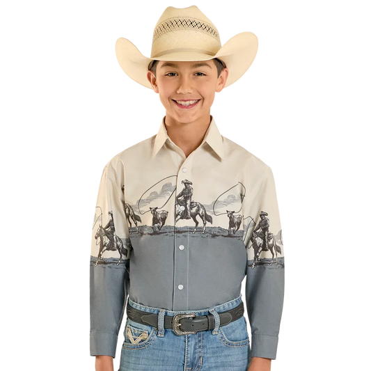 Panhandle Boy's Traditional Cowboy Print Long Sleeve Border Shirt - Tan