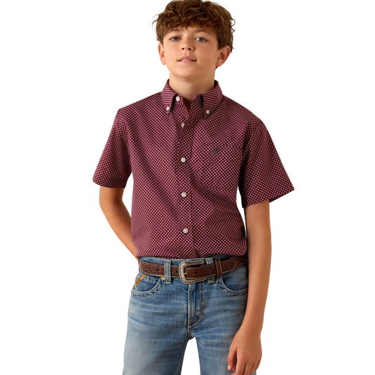 Ariat Boy's Pippin Geo Print Short Sleeve Shirt - Maroon