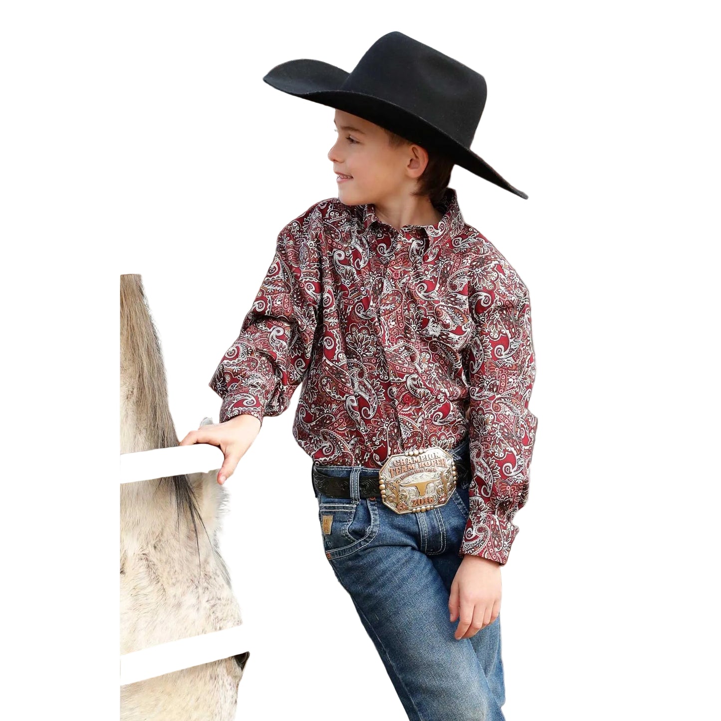 Cinch Boy's Long Sleeve Print Shirt - Burgundy
