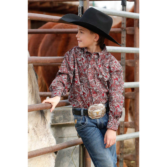 Cinch Boy's Long Sleeve Print Shirt- Burgundy
